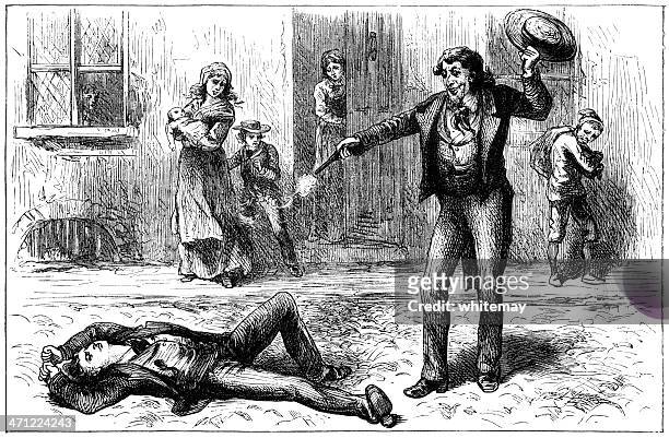 victorian illustration of a street shooting - victorian murder stock illustrations