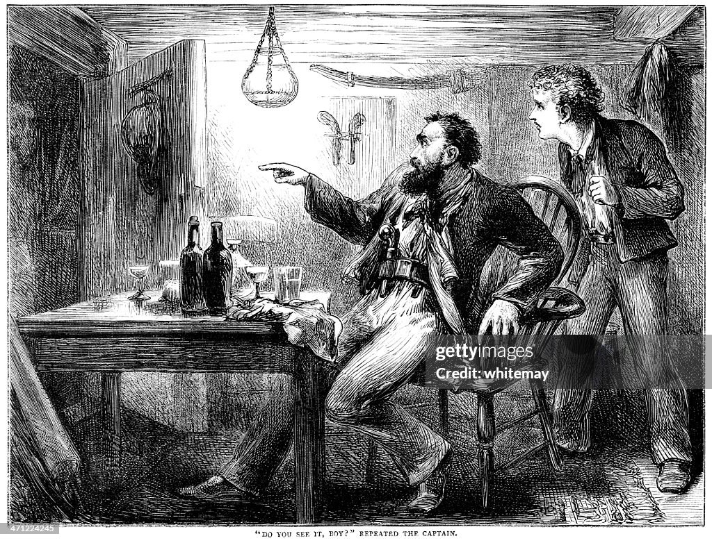 Shocked ship's captain pointing at the door (Victorian illustration)