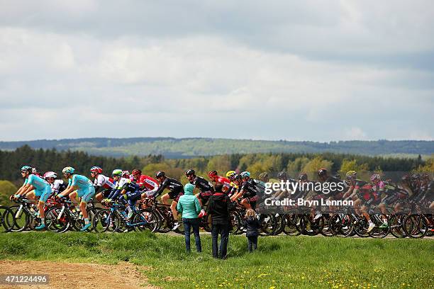 The Peloton ride during the 101st Liege-Bastogne-Liege cycle road race on April 26, 2015 in Liege, Belgium.