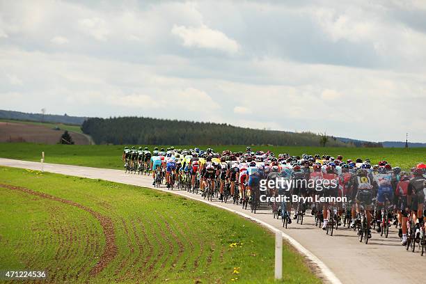 The Peloton ride during the 101st Liege-Bastogne-Liege cycle road race on April 26, 2015 in Liege, Belgium.