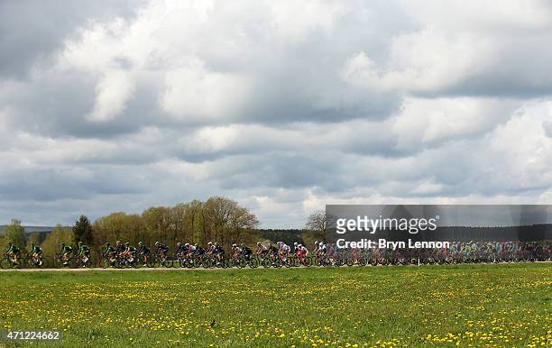 The Peloton ride during the 101st Liege-Bastogne-Liege cycle road race on April 26, 2015 in Liege, Belgium.