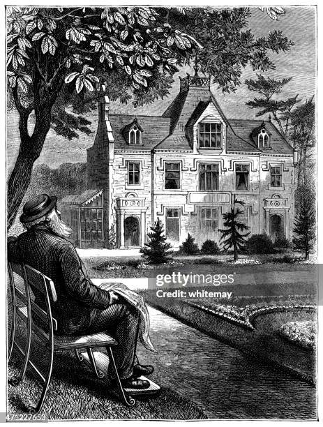 old man relaxing on a bench - victorian illustration - victorian mansion stock illustrations