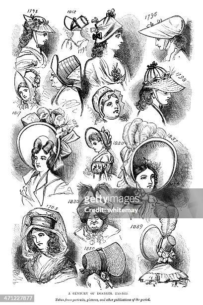bildbanksillustrationer, clip art samt tecknat material och ikoner med styles of british bonnets from 1785-1839 - bonnet