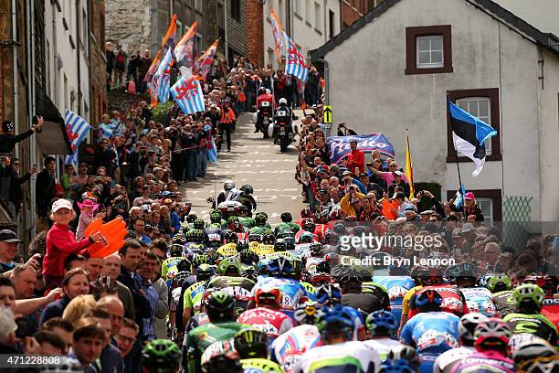 The Peloton climb through the town of Houffalize during the 101st Liege-Bastogne-Liege cycle road race on April 26, 2015 in Liege, Belgium.