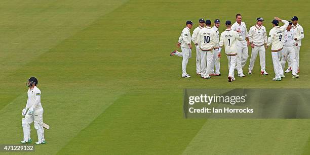 John Hastings of Durham celebrates with the Durham team after taking the wicket of Craig Cachopa of Sussex during the LV County Championship match...