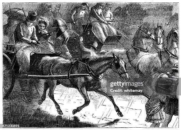 travelling in horse-drawn carriages on a rainy day (1875 illustration) - puddle stock illustrations