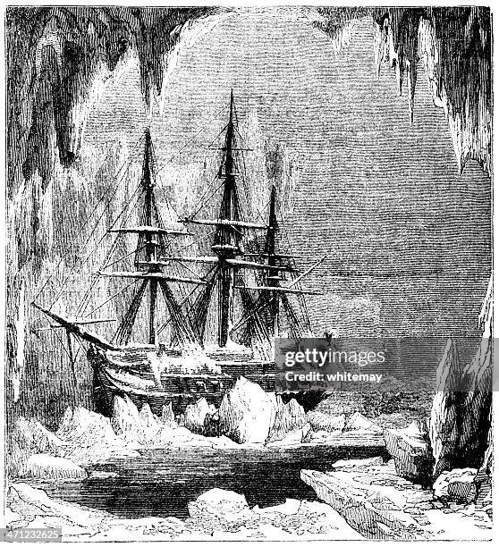 ice-bound ship in the arctic (1875 illustration) - franklin tennessee stock illustrations