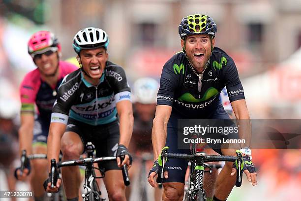 Alejandro Valverde of Spain and Movistar Team celebrates his victory as he crosses the finish line ahead of Julian Alaphilippe of France and Etixx -...