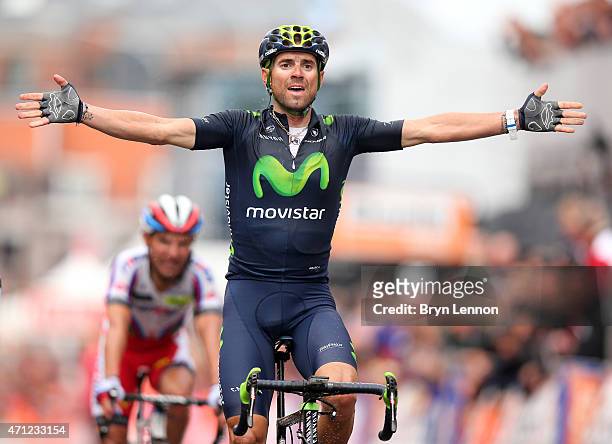 Alejandro Valverde of Spain and Movistar Team celebrates his victory as he crosses the finish line during the 101st Liege-Bastogne-Liege cycle road...