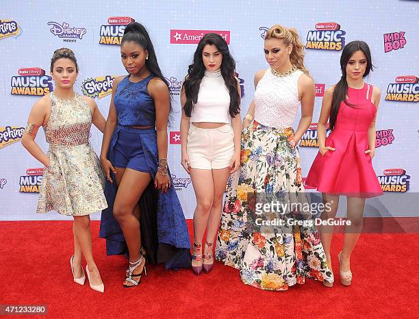 Singers Ally Brooke Hernandez, Normani Kordei, Dinah Jane Hansen, Camila Cabello, and Lauren Jauregui of Fifth Harmony arrive at the 2015 Radio...