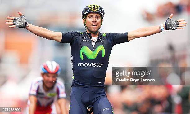 Alejandro Valverde of Spain and Movistar Team celebrates his victory as he crosses the finish line during the 101st Liege-Bastogne-Liege cycle road...