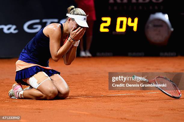 Angelique Kerber of Germany celebrates after her victory in her final match against Caroline Wozniacki of Denmark during Day 7 of the Porsche Tennis...