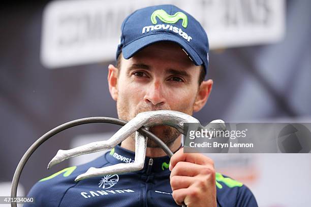 Alejandro Valverde of Spain and Movistar Team celebrates with the trophy following his victory during the 101st Liege-Bastogne-Liege cycle road race...