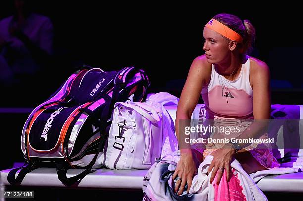 Caroline Wozniacki of Denmark looks dejected after her final match against Angelique Kerber of Germany during Day 7 of the Porsche Tennis Grand Prix...