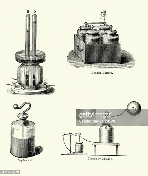 victorian battery and leyden jar - leyden jar stock illustrations