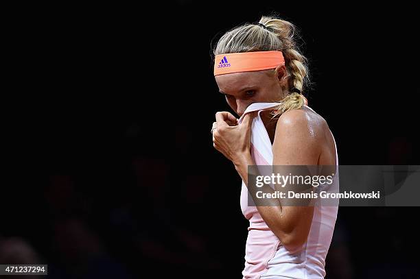 Caroline Wozniacki of Denmark reacts during her final match against Angelique Kerber of Germany during Day 7 of the Porsche Tennis Grand Prix on...