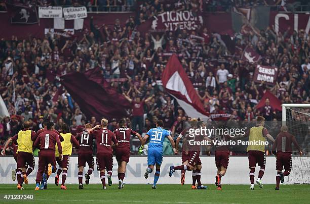 Team of Torino FC celebrate victory at the end of the Serie A match between Torino FC and Juventus FC at Stadio Olimpico di Torino on April 26, 2015...