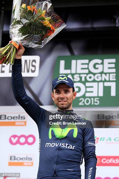 Alejandro Valverde of Spain and Movistar Team celebrates following his victory during the 101st Liege-Bastogne-Liege cycle road race on April 26,...