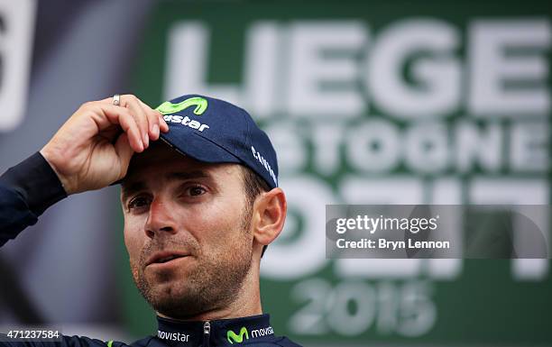 Alejandro Valverde of Spain and Movistar Team celebrates following his victory during the 101st Liege-Bastogne-Liege cycle road race on April 26,...