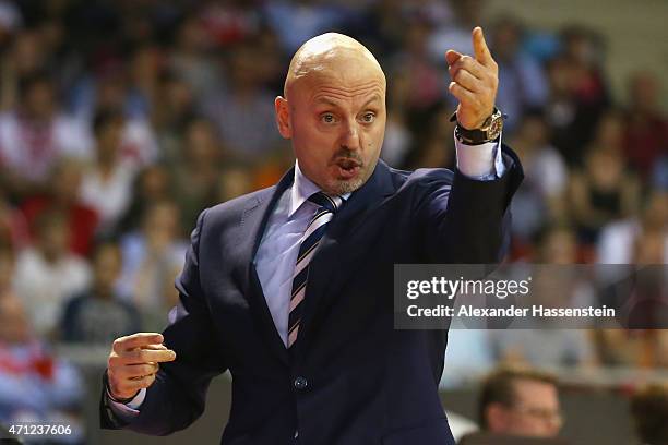 Sasa Obradovic, head coach of Berlin reacts during the Beko Basketball Bundesliga match between FC Bayern Muenchen and ALBA Berlin at Audi-Dome on...