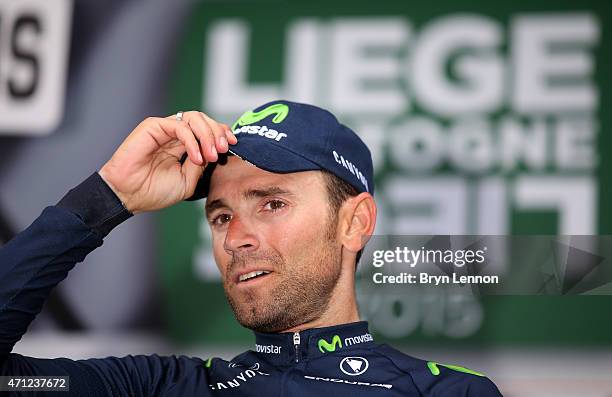 Alejandro Valverde of Spain and Movistar Team celebrates following his victory during the 101st Liege-Bastogne-Liege cycle road race on April 26,...