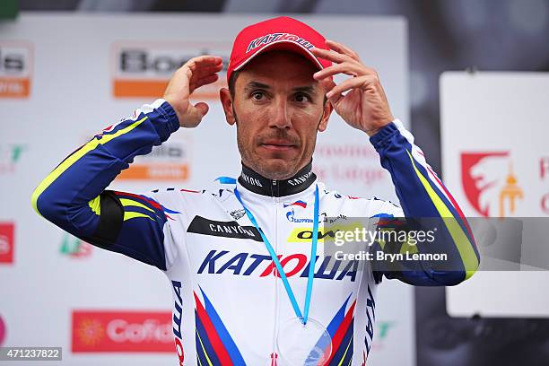 Third placed Joaquin Rodriguez of Spain and Team Katusha looks on from the podium following the 101st Liege-Bastogne-Liege cycle road race on April...