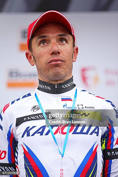 Third placed Joaquin Rodriguez of Spain and Team Katusha looks on from the podium following the 101st Liege-Bastogne-Liege cycle road race on April...