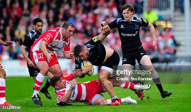 Falcons front row Kieran Brookes is tackled during the Aviva Premiership match between Gloucester Rugby and Newcastle Falcons at Kingsholm Stadium on...
