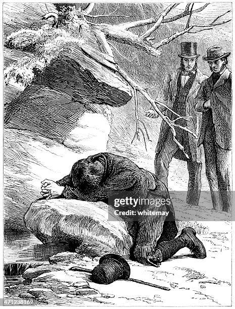 men regarding a distraught young man praying (victorian illustration) - praying outside stock illustrations