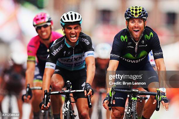 Alejandro Valverde of Spain and Movistar Team celebrates his victory as he crosses the finish line ahead of Julian Alaphilippe of France and Etixx -...