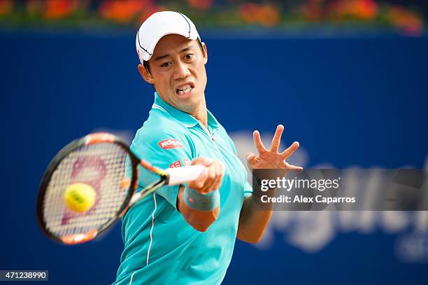 Kei Nishikori of Japan in action during his final match against Pablo Andujar of Spain during day seven of the Barcelona Open Banc Sabadell at the...