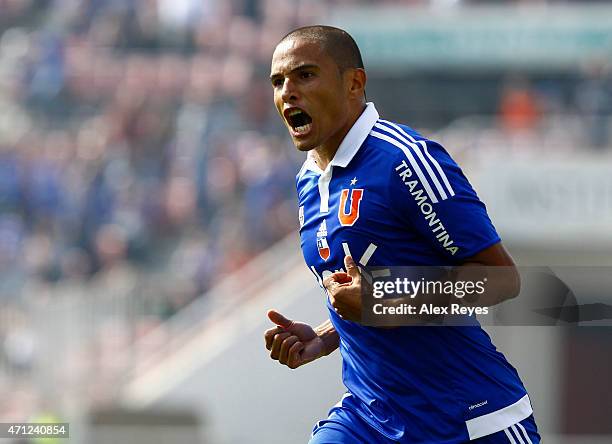 Leandro Benegas of U de Chile celebrates after scoring the second goal of his team against Ñublense during a match between U de Chile and Ñublense as...