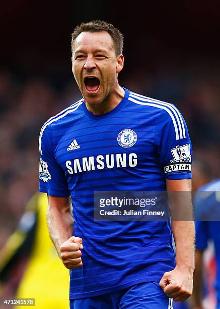 John Terry of Chelsea celebrates after the Barclays Premier League match between Arsenal and Chelsea at Emirates Stadium on April 26, 2015 in London,...