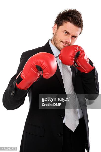 ehrgeizige geschäftsmann, die den wettbewerb, isoliert auf weißem hintergrund - boxing gloves isolated stock-fotos und bilder