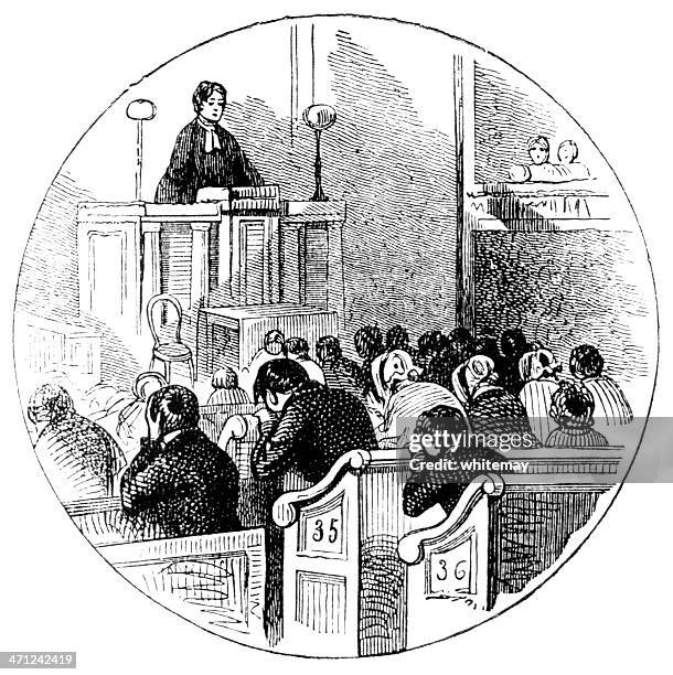 prayers in a chapel (victorian ilustration) - church congregation stock illustrations