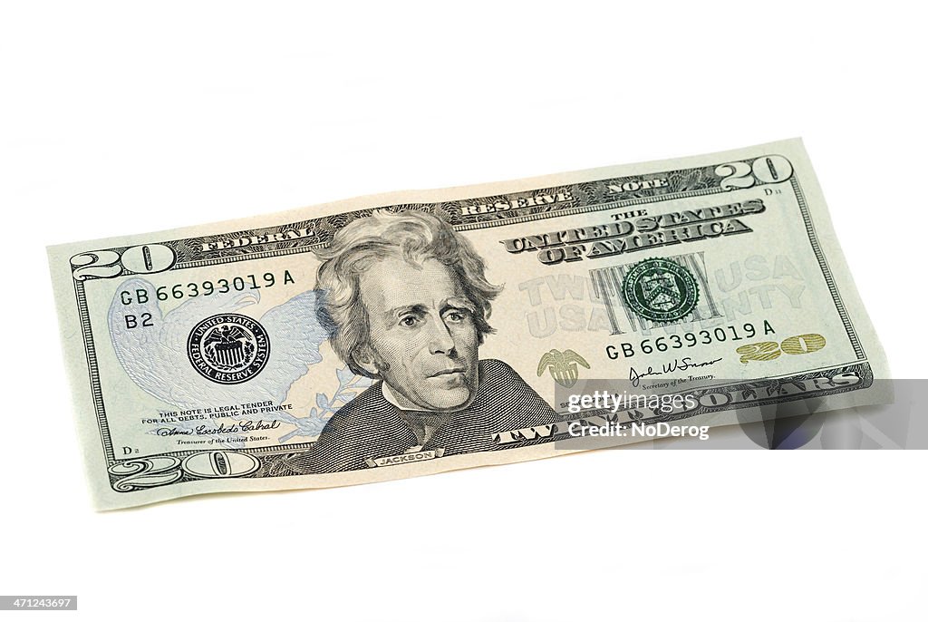 Twenty dollar bill United States currency on white