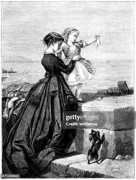 illustrations, cliparts, dessins animés et icônes de le départ-mère et enfant victorien agitant (gravure - mouchoir