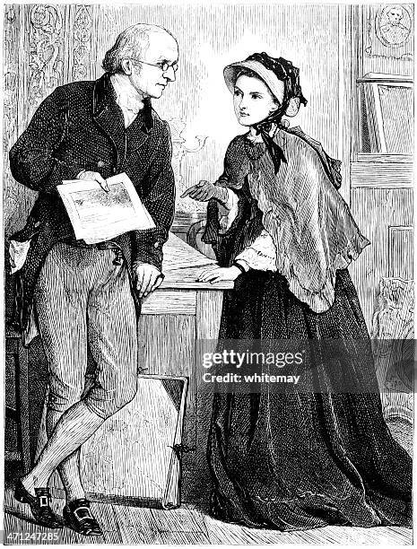 lady and gentleman discussing art (victorian illustration) - woman shawl drawing stock illustrations