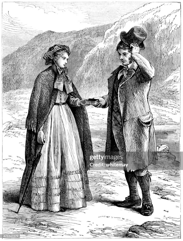 Man and woman meeting on a country road (Victorian illustration)