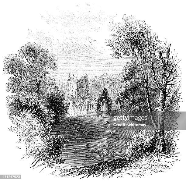 muckross abbey, killarney (victorian sketch) - ireland landscape stock illustrations