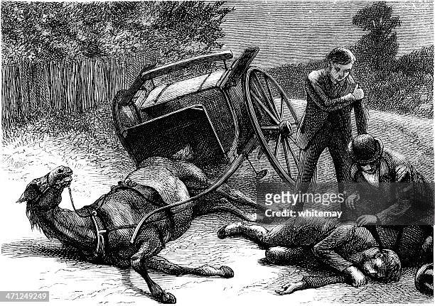 overturned pferd mit buggy mit casualty (viktorianischen illustration - horse carriage stock-grafiken, -clipart, -cartoons und -symbole
