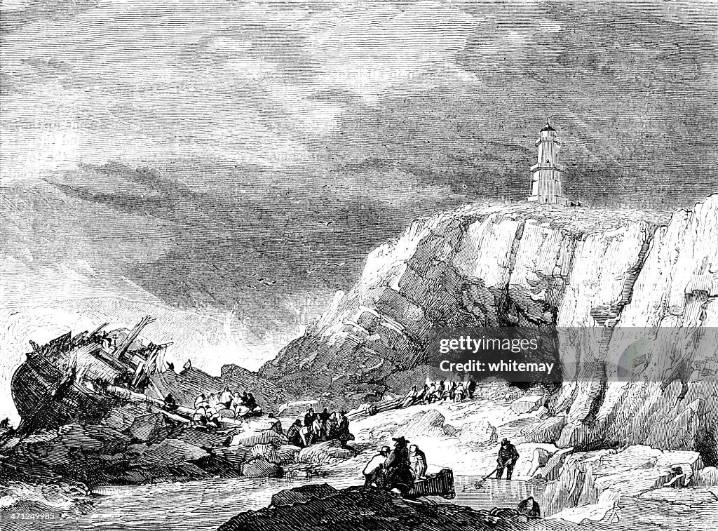 The Mumbles Lighthouse with shipwreck (Victorian illustration)