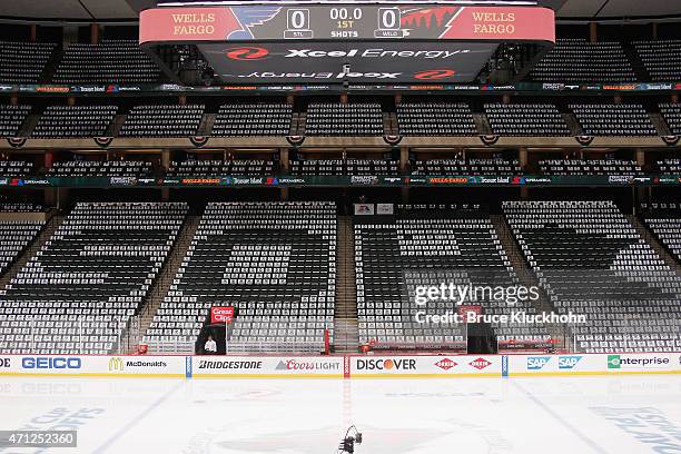 The Xcel Energy Center honors the state of hockey with towels prior to Game Six of the Western Conference Quarterfinals during the 2015 NHL Stanley...
