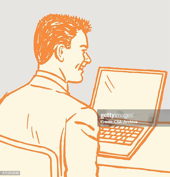 man at desk working on laptop computer - using computer smile stock illustrations