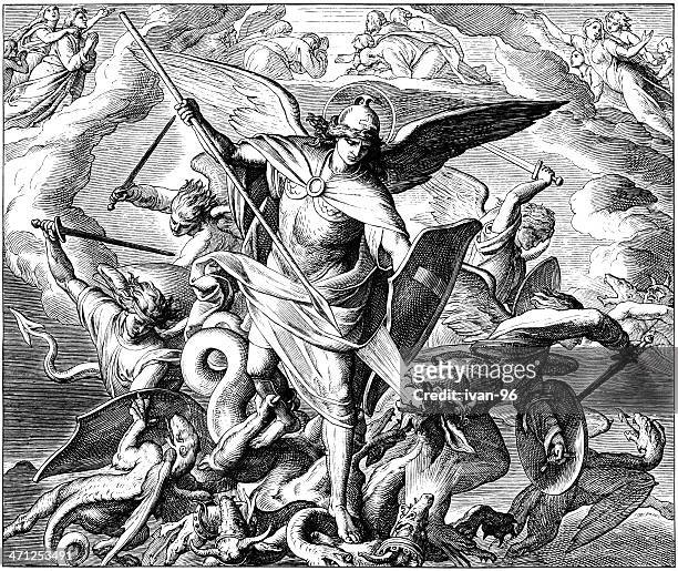 michael and angels fighting dragon - archangel stock illustrations