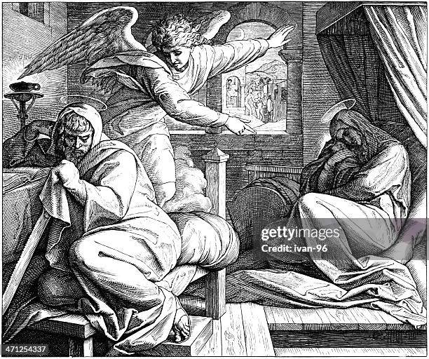 angel tells joseph to flee - baby beard stock illustrations