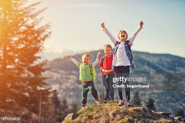 little hikers enjoying the view after reaching the hill top. - people climbing walking mountain group stockfoto's en -beelden