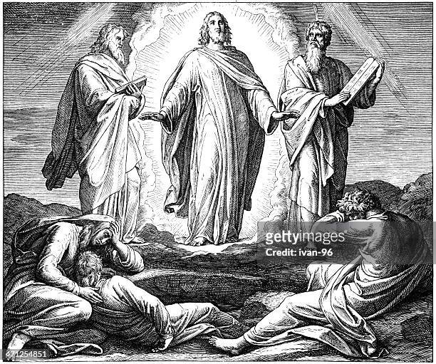 jesus&#8217; transfiguration - moses stock illustrations