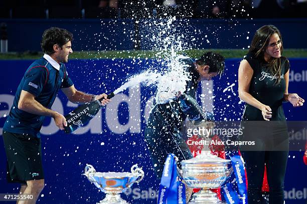 Kei Nishikori of Japan celebrates after defeating Pablo Andujar of Spain on their final match during day seven of the Barcelona Open Banc Sabadell at...
