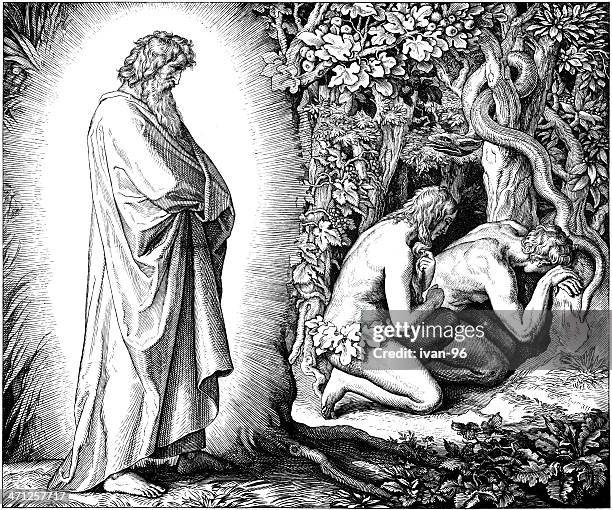 adam &amp; eve hide from god - adam eve stock illustrations